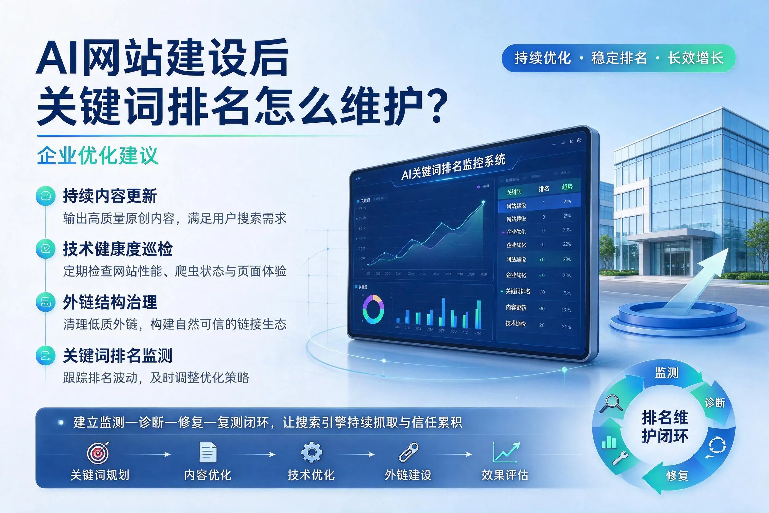 AI网站建设后关键词排名怎么维护？柳州企业优化建议